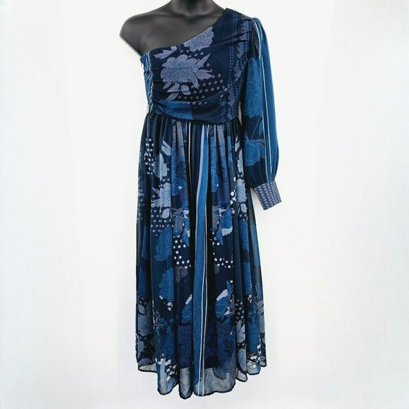 Nikita Mhaisalkar One Shoulder Maxi Dress M Blue Floral Chiffon Slit Cuffed New